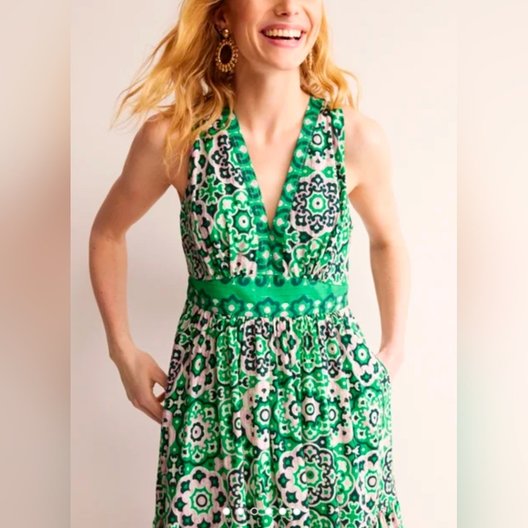 Boden • Serena Cotton Tie Maxi Dress Green Tambourine, Artisian Geo NWT - Picture 3 of 12